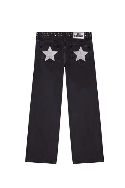 American ONE DILEMMA Jeans Y2K Womens Gothic Five Pointed Star Sequined Rivet Baggy Jeans Fashion Casual Mid Rise Slim Trousers