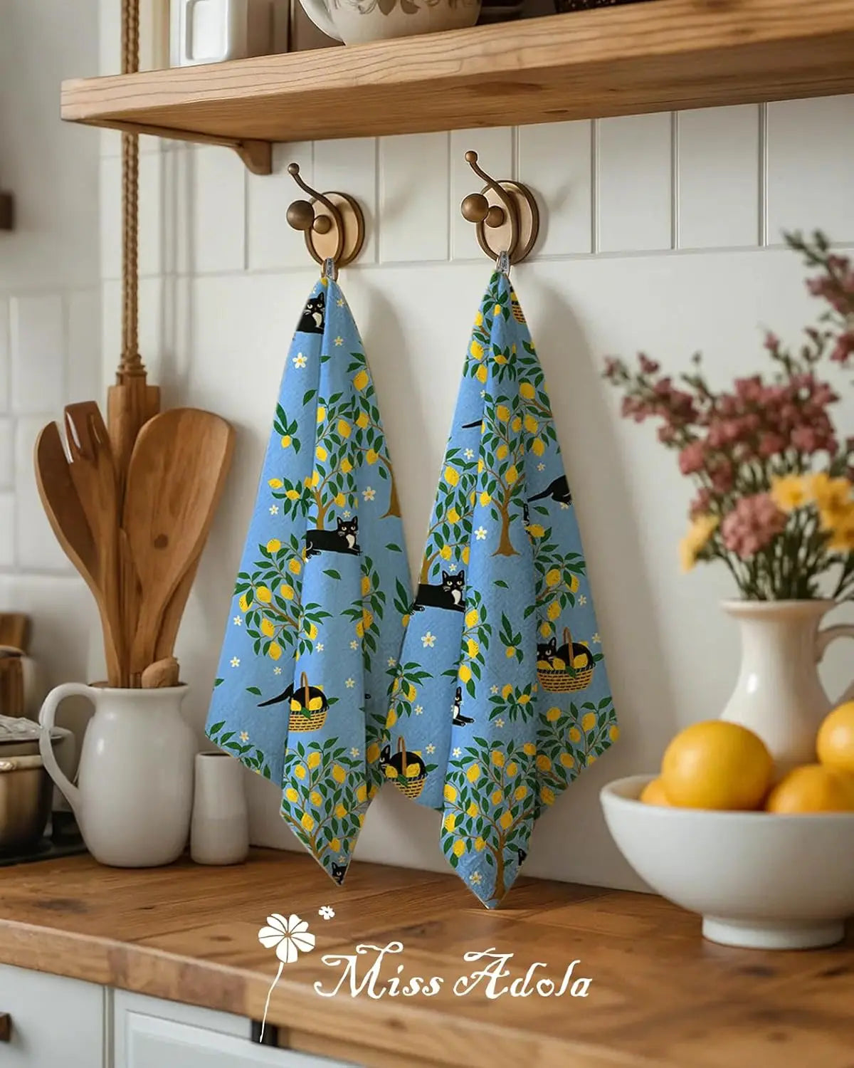 Flour Sack Kitchen Towels - Set of 2 Cotton Dish Towels with Hanging Loop Decorative 40*60cm Absorbent Cute Design for Housew
