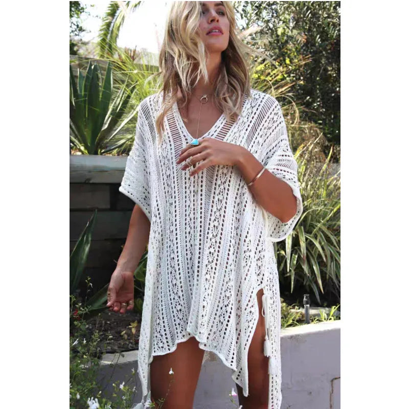 Knit Hollow Out Dress Without Bikini, Long Sleeves Round Neck See Through Crochet Cover Up Dress, Women's Swimwear & Clothing