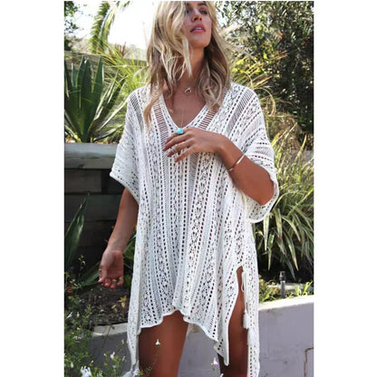 Knit Hollow Out Dress Without Bikini, Long Sleeves Round Neck See Through Crochet Cover Up Dress, Women's Swimwear & Clothing