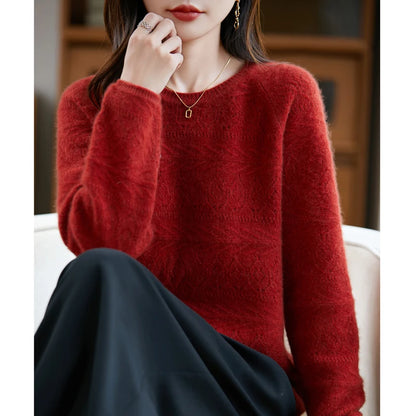 New Arrival Women's Hollow Out 100% Wool Knitted Sweater Round Neck Long Sleeve Slim Fit Breathable Pullover Versatile Daily Top