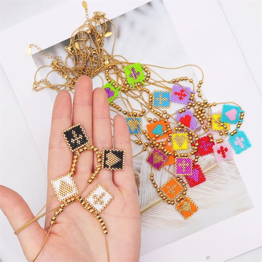 ZHONGVI Scapular Necklace Miyuki Heart Cross Adjustable Necklace Lady Necklace Stainless Steel Bead Necklace Jewelry