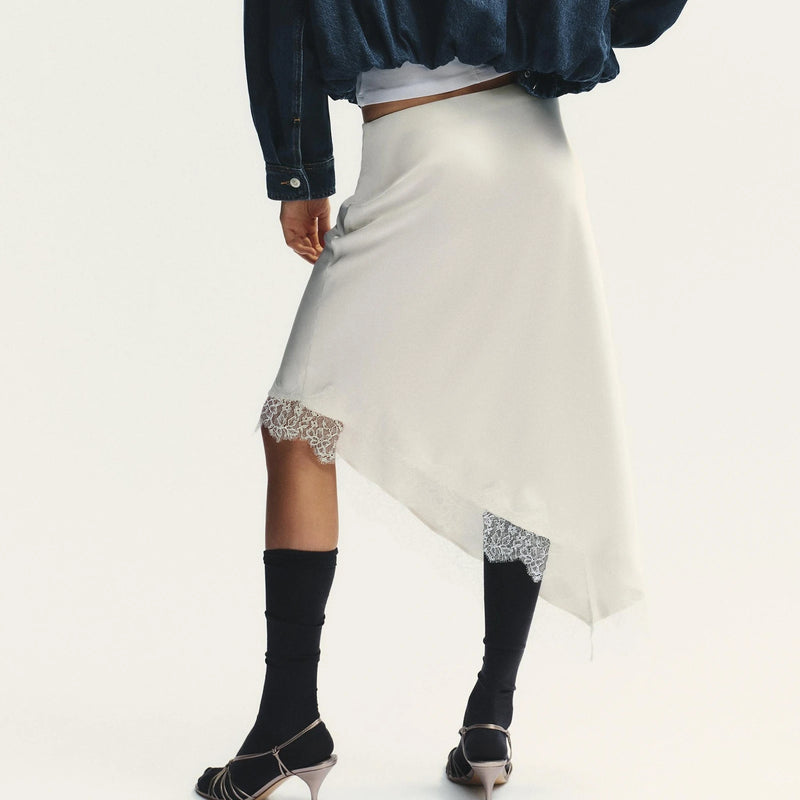 Luxury Women Asymmetrical Soild Color Midi Skirts Casual Elegant Lace Hem Santin Skirt for Beach Vacation Office