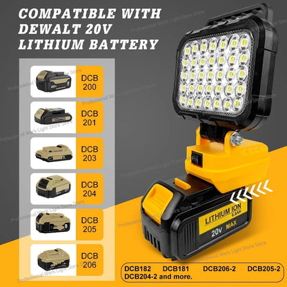 Cordless LED Work Light for DeWalt 20V Battery, 60W 6000LM Jobsite Flood Lights, Portable Outdoor Flashlight Dual USB Charging