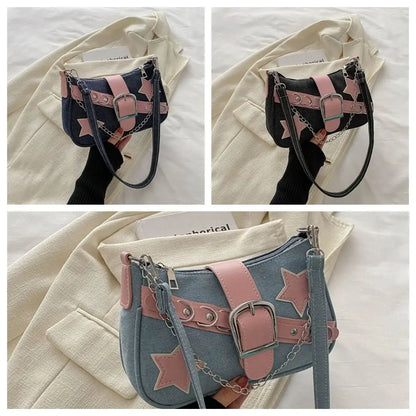 Y2k Fashion Women's Handbags Stars Pattern Cool Girls Underarm Bag Fashion Female Small Shoulder Bags Chain Tote Purses