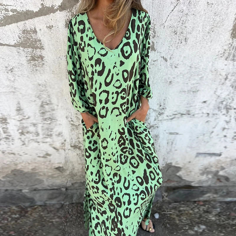 Vintage Leopard Print Loose Long Dresses Women 2025 Spring Elegant V Neck Pocket Maxi Dress Autumn 3/4 Sleeve Boho Holiday Dress
