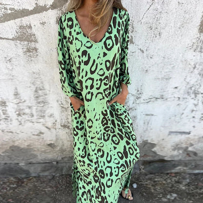 Vintage Leopard Print Loose Long Dresses Women 2025 Spring Elegant V Neck Pocket Maxi Dress Autumn 3/4 Sleeve Boho Holiday Dress