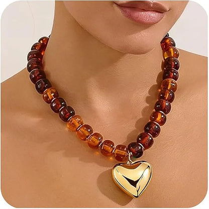 Bohemian Colorful Chunky Resin Beaded Necklace for Women Y2K Trendy Gold Color Puffy Heart Pendant Choker Summer Beach Jewelry