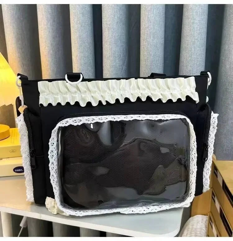 Y2k New Sweet Ita Shoulder Bag Lolita Girl Transparent Crossbody Bag Women Large Capacity Lace Tote Bag Cute DIY Display Handbag