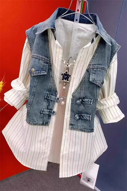 Cowboy Vest Patchwork Summer Shirt Fake Two-Piece Shirt Women's Cowboy VPolo Collar Denim Jacket Autumn Button Spring Shirt Lady