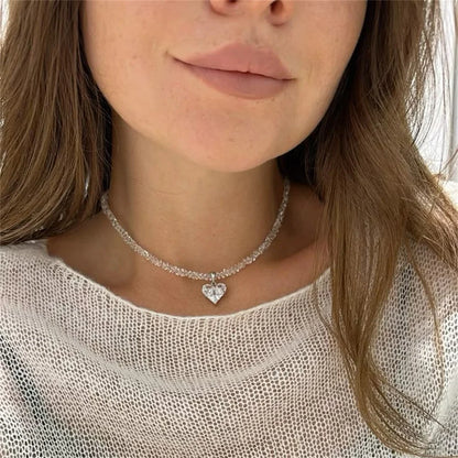 Fashion Vintage Tassels Zircon Heart Pendant Necklace For Women Female Boho Geometric Baroque Transparent Crystal  Chain Jewelry