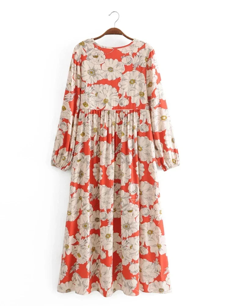Ethnic Multi Floral Print Vintage Chic Women Long Sleeve Tie Neck Beach Bohemian Maxi Dresses Ladies Rayon Boho Dress Vestidos