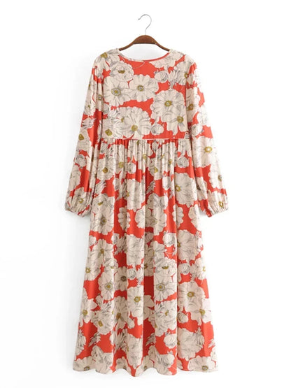 Ethnic Multi Floral Print Vintage Chic Women Long Sleeve Tie Neck Beach Bohemian Maxi Dresses Ladies Rayon Boho Dress Vestidos