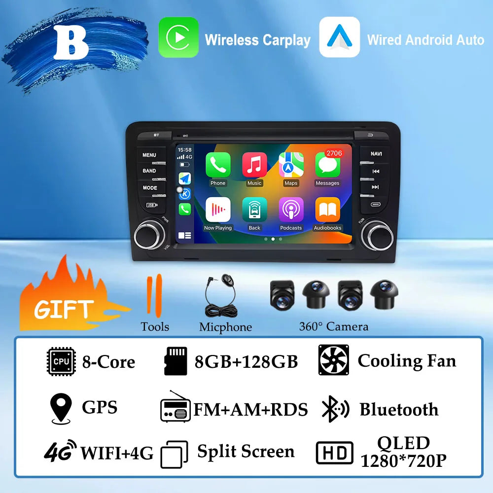 GPS Navigation 7 inch 4G Wifi Car Radio Android 16 for Audi A3 8P 2003-2011 S3 RS3 Sportback CarPlay Multimedia Player Video DSP