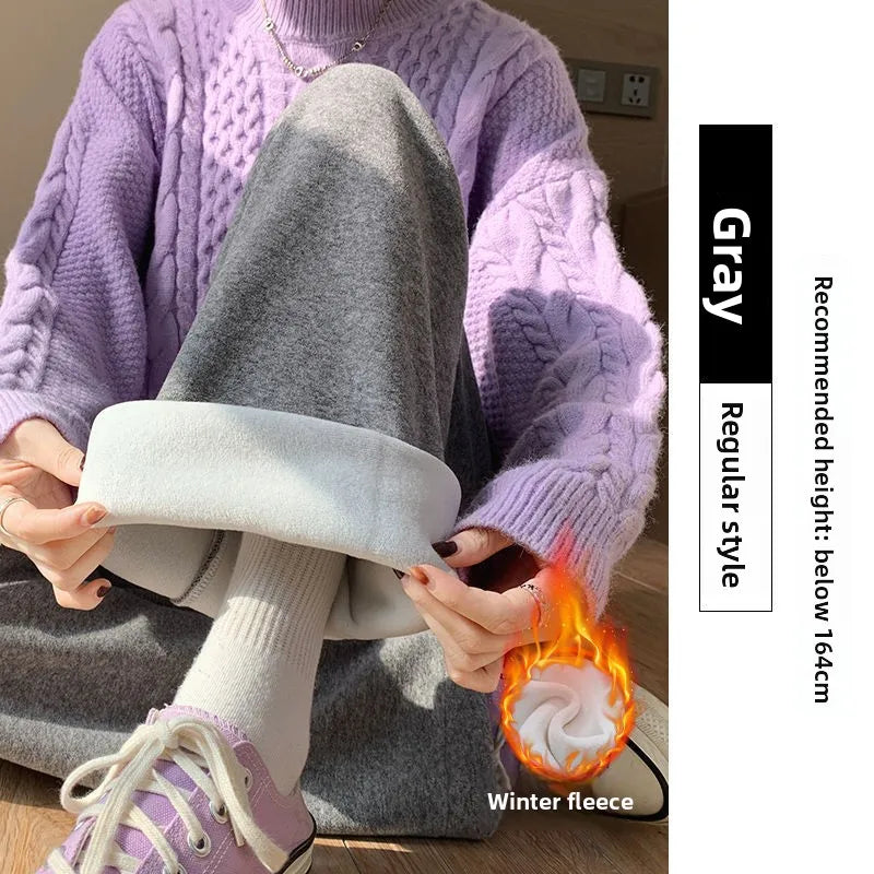 2025Hot Fleece Woman Pants Winter Elastic Waist Warm Leggings Solid Casual Thicken High Waist Straight Comfort Wide Leg Trousers