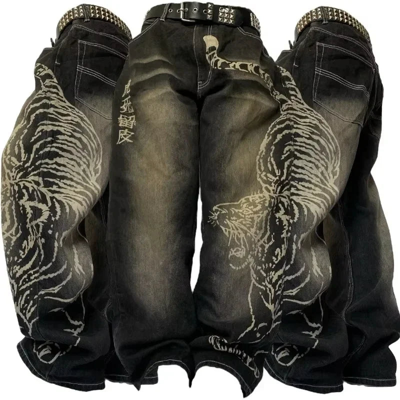 American New Fashion Old Washed Loose Jeans Women Y2K Hip Hop Harajuku Casual Joker Gothic High-waisted Wide-leg Trousers
