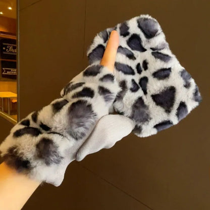 Winter Korean version half -finger leopard gloves suede iconic fur gloves, students with velvet fur, warm gloves wholesale