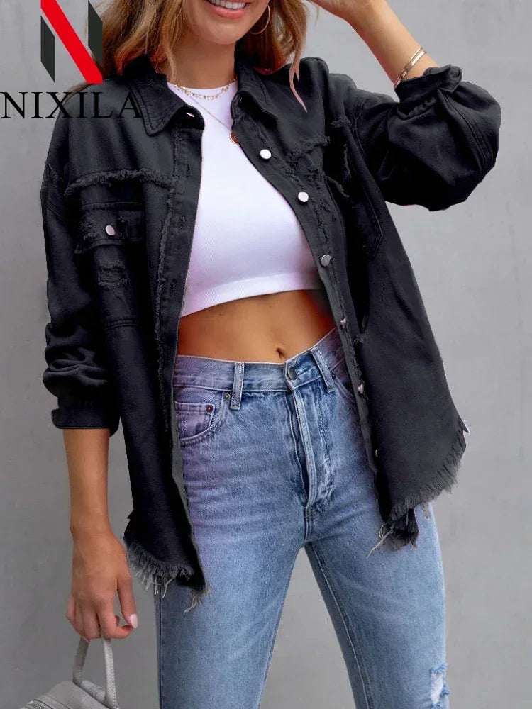 Spring Autumn Denim Women's Jacket Rough Selvedge Ripped Loose Fit Long Sleeve Korean Fashion Female Top