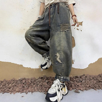Masss Wasss European Womens Punk Denim Harem Trousers Classic Holes Loose Vintage Pants Leisure Streetwear Elastic Waist Jeans