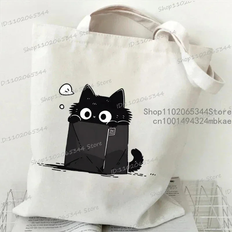 Kawaii Black Cat Graphic Handbags for Women Japanese Style Canvas Tote Bag Cartoon Fashion Shoulder Bag for Women Kitten Bag