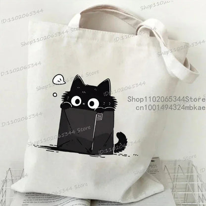 Kawaii Black Cat Graphic Handbags for Women Japanese Style Canvas Tote Bag Cartoon Fashion Shoulder Bag for Women Kitten Bag