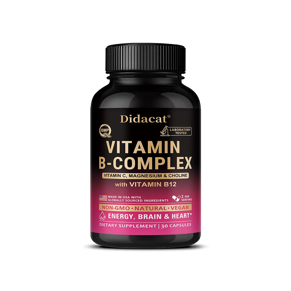 Vitamin B Complex for Men & Women - Riboflavin B2,B12,B1,B3,B5,B6,B7,B8,B9,Vitamin C, Choline, Inositol - Brain & Heart Support