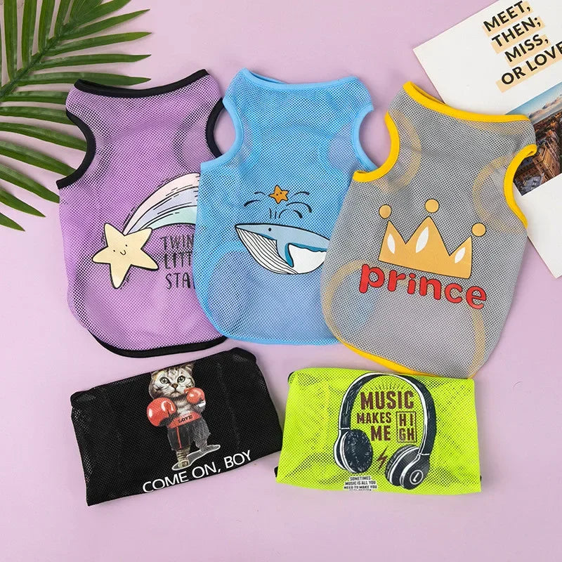 Fashion Summer Mesh Dog Cat Clothes Breathable Thin Puppy Kitten Vest Cute Cartoon Print Pet Clothing for Small Medium Dogs