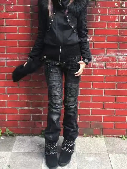 American Street Oversize Washed Retro Heavy Industry Motorcycle Jeans Women Low Waist Slim Fit Distressed Pleat Scratched Jeans