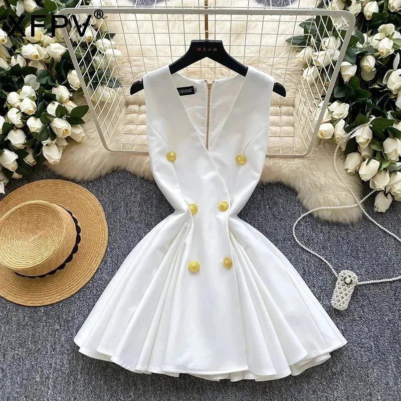XFPV Women's Mini Dress New Elegant V-neck Sleeveless Button Zipper Folding Fashion Evening Party Clothing Female  22D1613