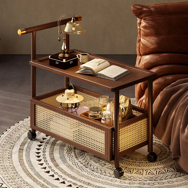 Wooden antique style coffee table, mobile coffee table, sofa side table, cart with pulley storage rack, rattan fence decoration