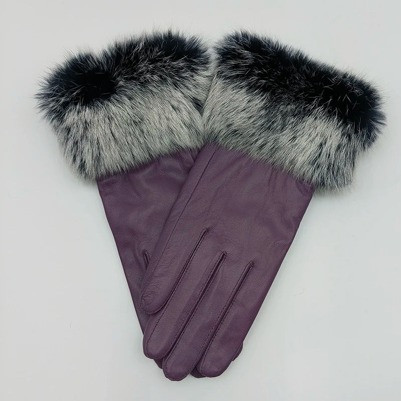 2025 Women Winter Warm Genuine Sheep Leather Glove With Real Fur Trimming Female Warm Real Leather Fur High Quality Mittens