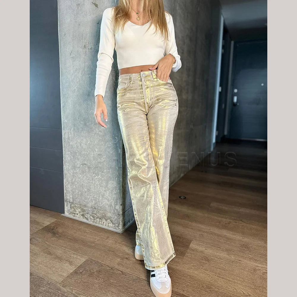 Metallic Denim Straight Jeans Wide Leg Women High Waist Loose Pants Y2K Oversize Denim Trousers Hip-hop Streetwear