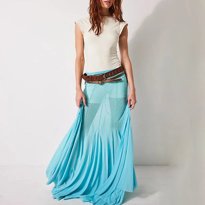 Sexy See Through Sheer Mesh Long Skirts Elastic High Waist Ruffle Hem Flowy Skirts Party A-line Midi Skirts Women Casual Clothes