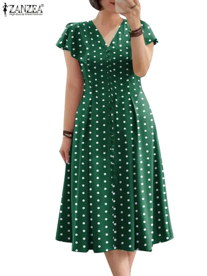 ZANZEA Elegant Women Midi Dresses 2024 Fashion Ruffle Sleeve Polka Dots A-line Vestidos Casual V Neck Commute Party Robes Femme