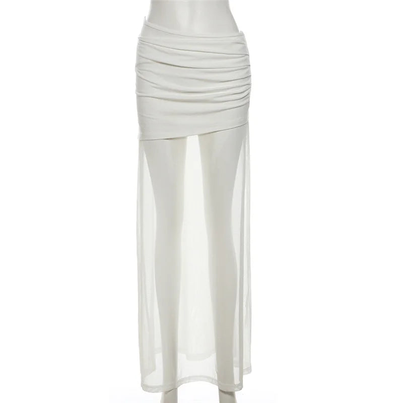Sylcue Mesh Patchwork Long Skirts Women 2025 New Trend Ruched Elastic Waist Street Fashion Versatile Y2K Style Elegant Bottoms