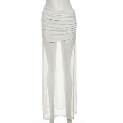 Sylcue Mesh Patchwork Long Skirts Women 2025 New Trend Ruched Elastic Waist Street Fashion Versatile Y2K Style Elegant Bottoms