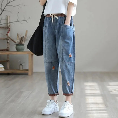 Ripped Splice Baggy Ankle-Length Harem Jeans Women Elastic High Waist Denim Pant Casual Vaqueros Blue Trousers Korean Pantalones