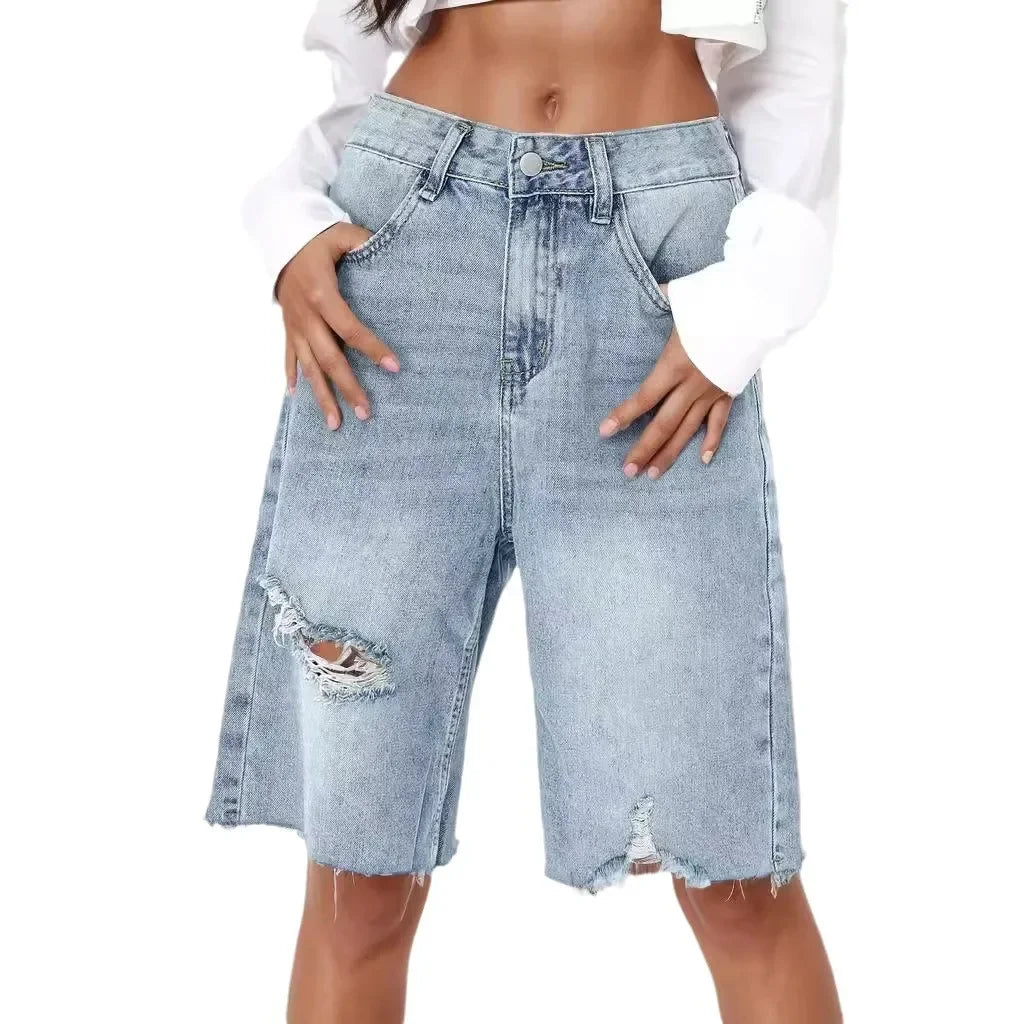 High Waist Retro Jeans Women's Bleached Ripped Loose Raw Hem Cropped Pants Knee Length Denim Shorts