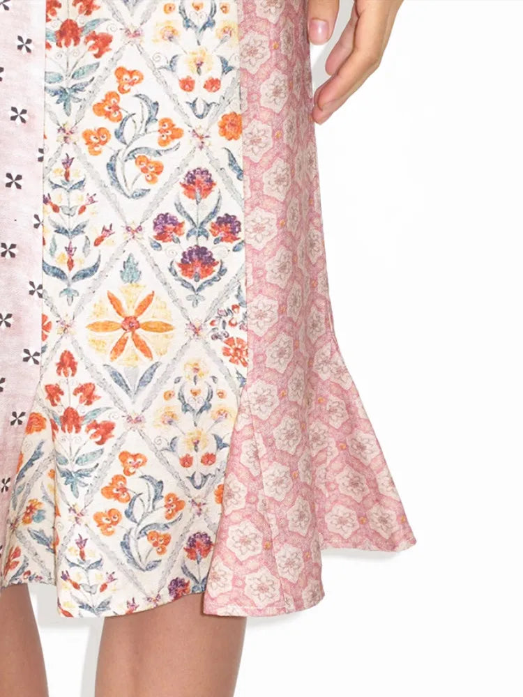 CHEERART Pink Patchwrok Floral Mermaid Skirt For Woman Summer 2025 Knee Length Ladies Fashion Bottoms Designer Clothing