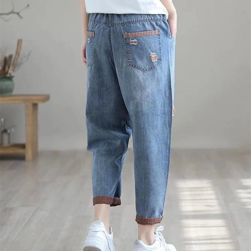 Ripped Splice Baggy Ankle-Length Harem Jeans Women Elastic High Waist Denim Pant Casual Vaqueros Blue Trousers Korean Pantalones