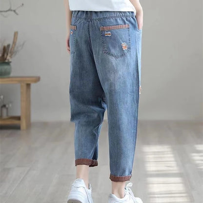 Ripped Splice Baggy Ankle-Length Harem Jeans Women Elastic High Waist Denim Pant Casual Vaqueros Blue Trousers Korean Pantalones