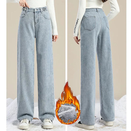 Winter Lady Solid Plush Thermal High Waist Jeans Girls Snow Warm Fleece Denim Pants Women Baggy Straight Leg Casual Trousers