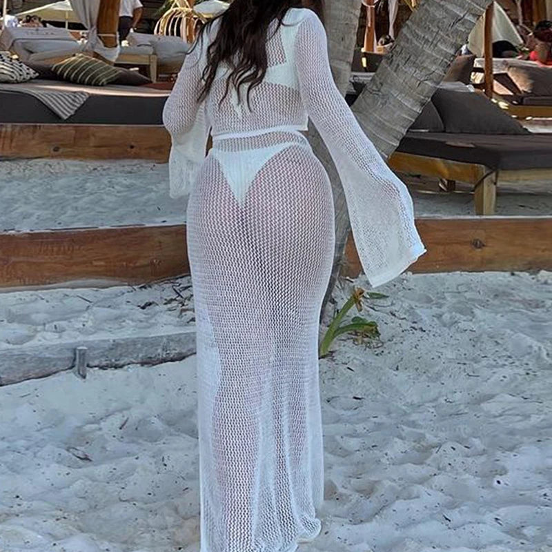 knitting Long Sleeve Bonds Top One piece Skirt Women Beach Vacation Bikini Cover Up Sun Bathing See-Through Sunscreen Smock