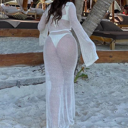 knitting Long Sleeve Bonds Top One piece Skirt Women Beach Vacation Bikini Cover Up Sun Bathing See-Through Sunscreen Smock