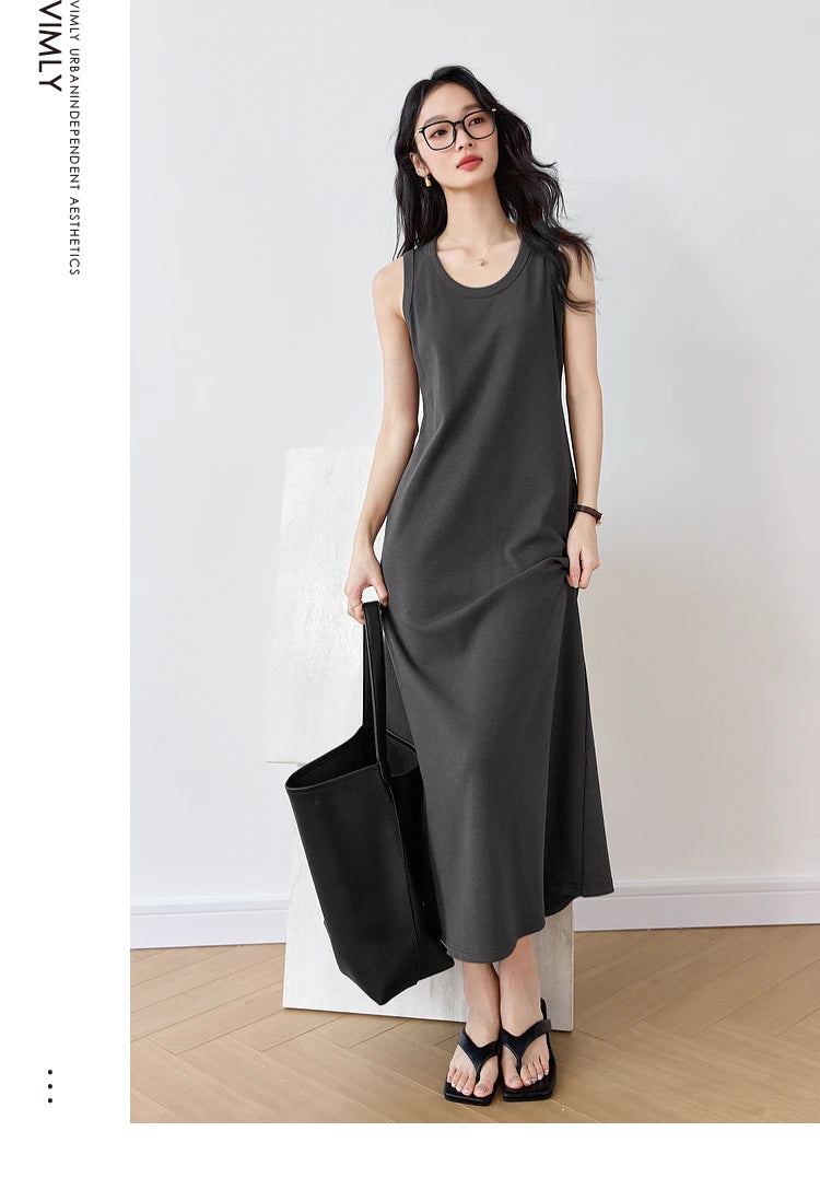 VIMLY Summer Tank Dresses 2025 Woman Simple Gray Cotton Blend Knitted Loose Sleeveless A Line Long Dress Women's Clothing M9852