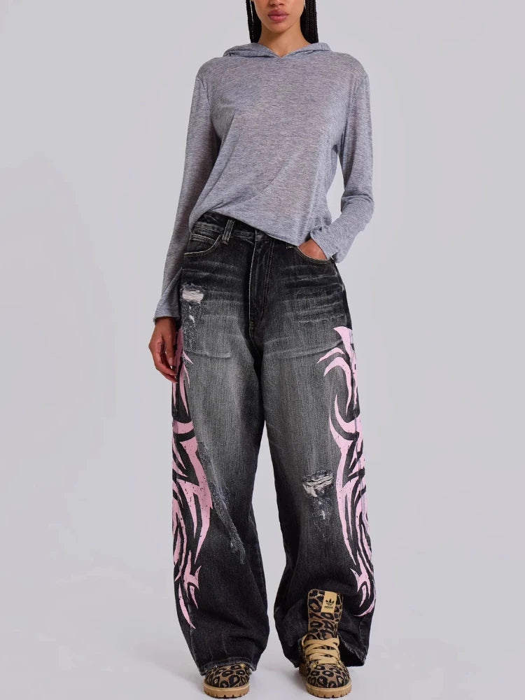 Y2k Vintage Gothic Punk Jeans Women Harajuku Print Grunge Baggy Denim Trousers Punk Hip Hop Black Streetwear Wide Leg Jeans