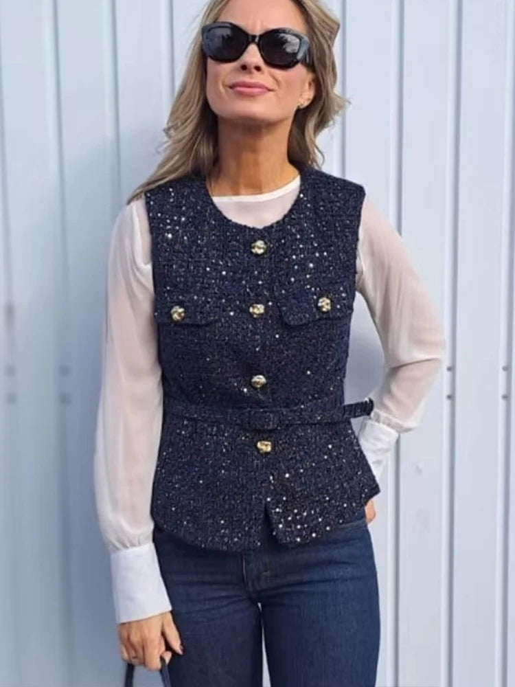 TRAF Women Sequin Tweed Vest New Fashion With Belt Vests for Women 2025 Autumn Sleeveless Coat Streetwear Chic Waistcoat Tops