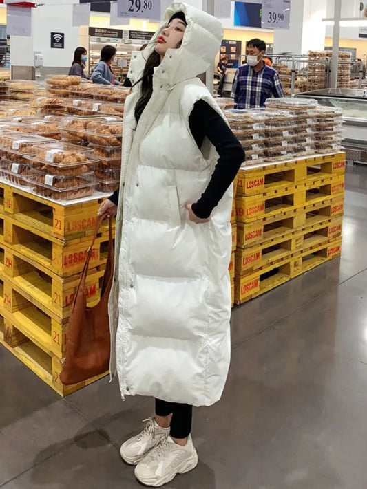 2025 Down Cotton Long Waistcoat Women Vest Jackets Warm Elegance Coats Winter Women Korean Lace-up Sleeveless Puffer Jacket