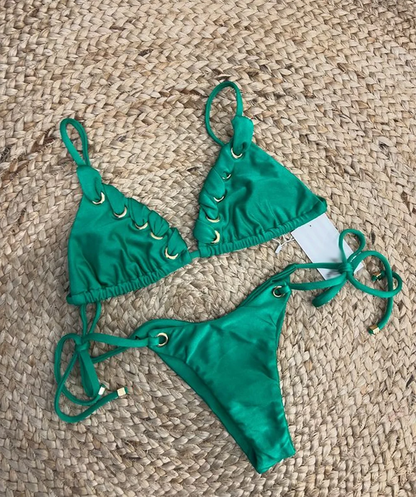 Sexy Solid Bikini 2024 Women Solid Red Halter Push Up Bra Tie Side Triangle Swimsuit Summer Bathing Suit Lace Up Micro Swimwear