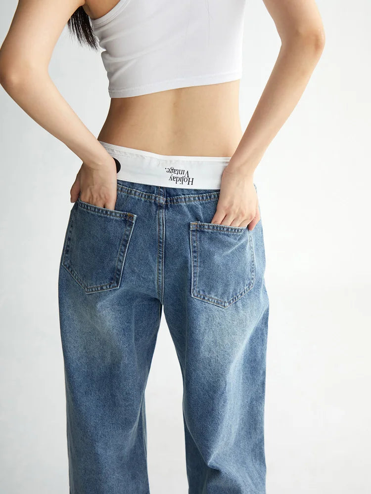 HOUZHOU Vintage Y2k Jeans Women Baggy Kpop Gyaru Streetwear Wide Blue Denim Pants Harajuku Korean Acubi Fashion High Waist Jeans